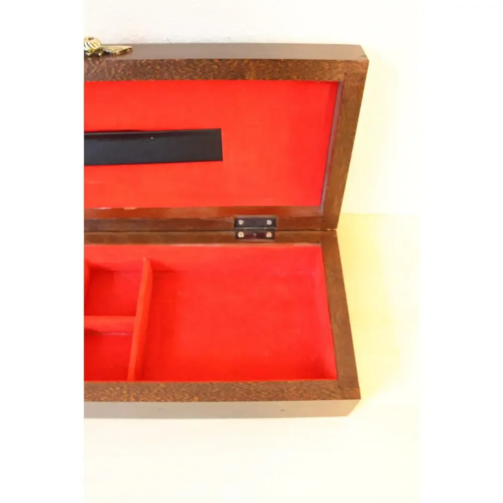 Vintage Nautical Wood Valet Jewelry Box Brass Ship Wheel Inlay Red Felt Lining